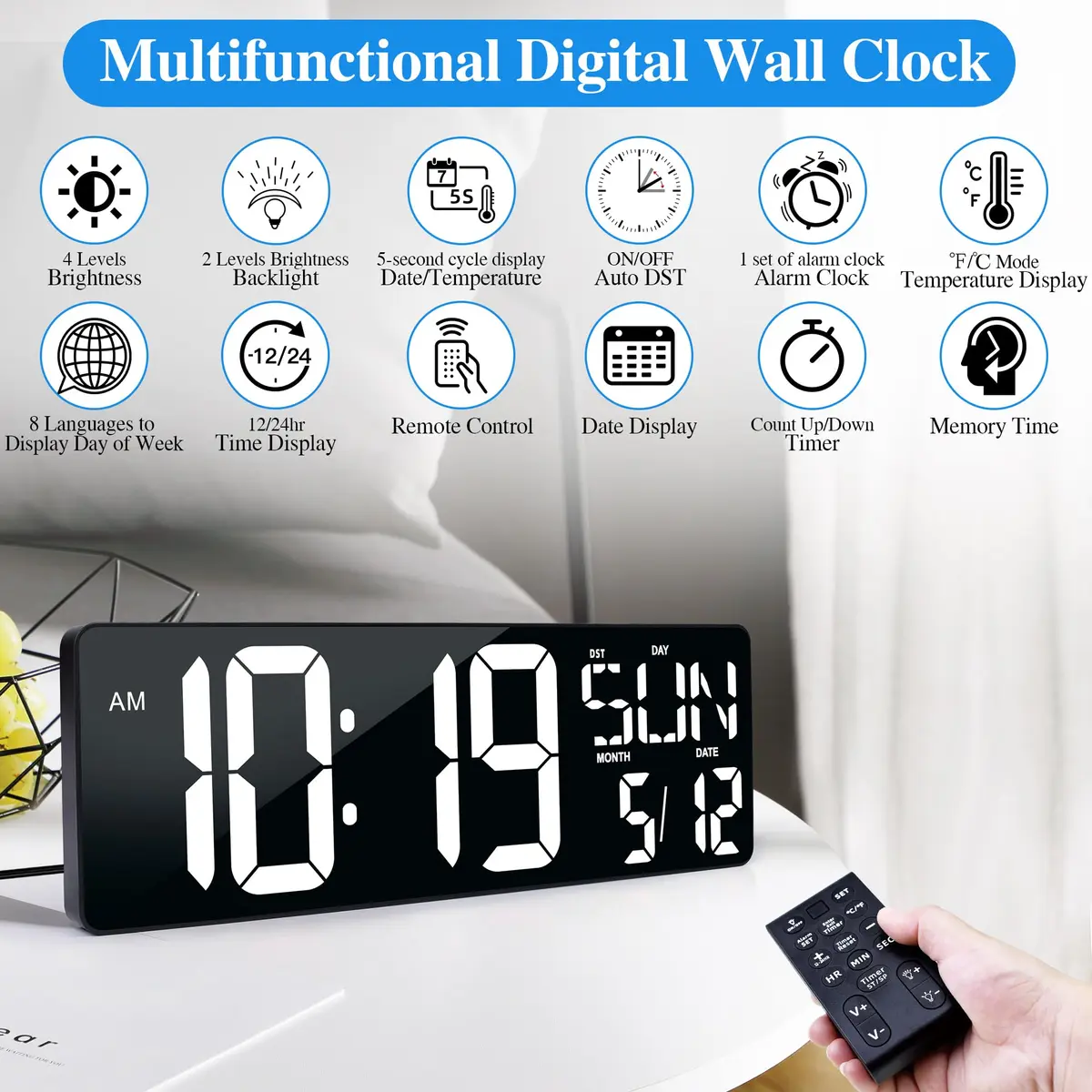 CYMHCHL 17.2" Large LED Digital Wall Clock with Remote & Timer | 43.7 cm (17.2 Inch) White - view 3