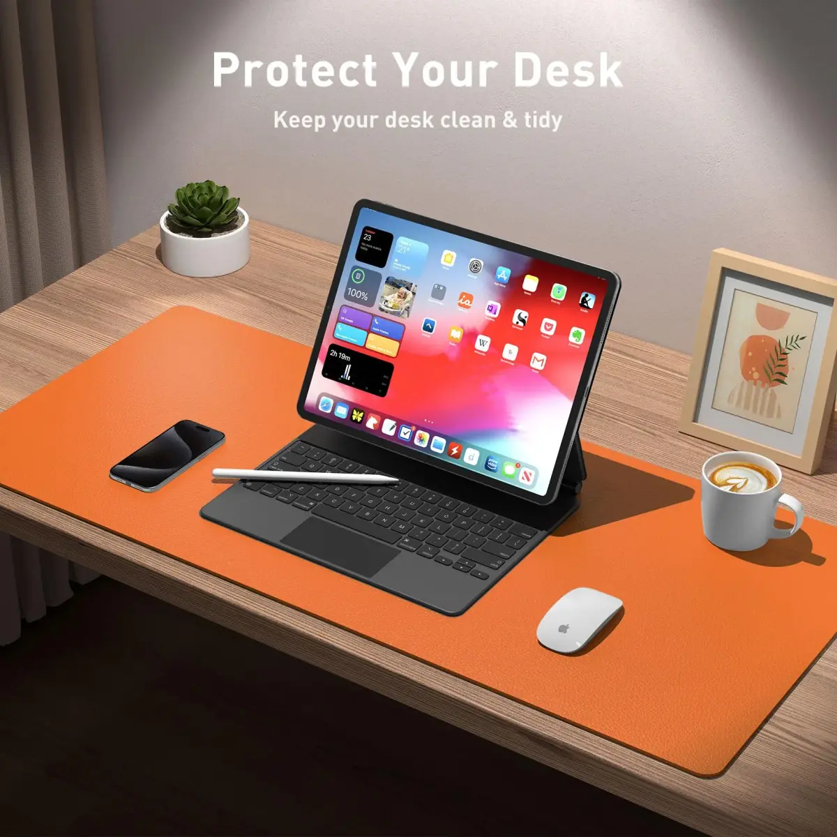 Aothia Leather Desk Pad Protector 36" x 17" (91.4 cm x 43.2 cm) Hermes Orange | Smooth PU Leather for Office & Home - view 3