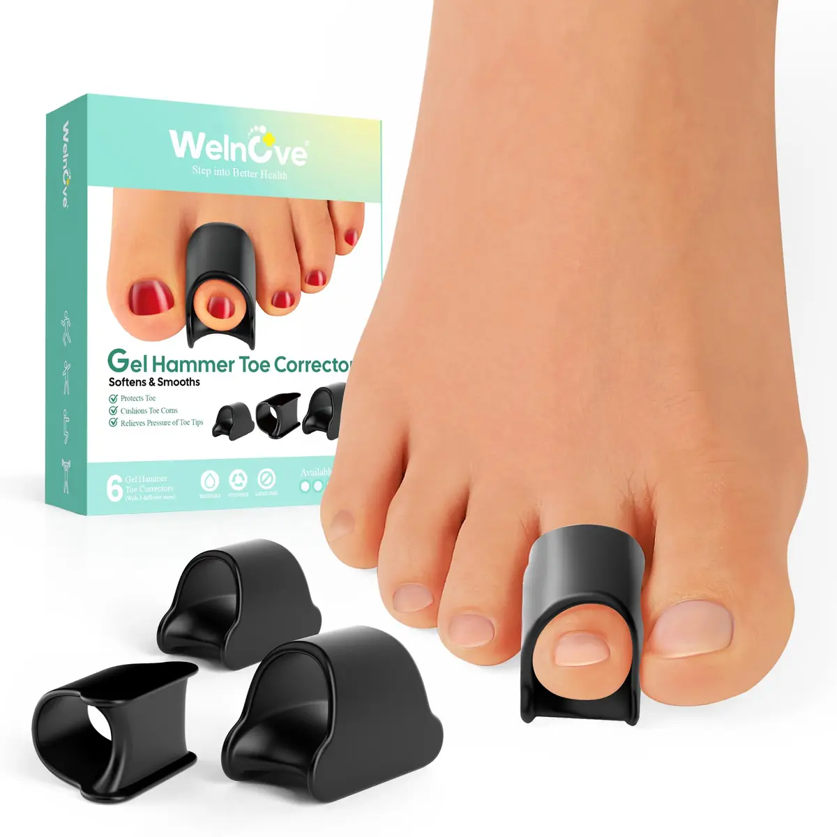 Welnove Gel Toe Straighteners - 6 Pack Soft Gel Toe Splints for Bent, Crooked, Claw Toes - Black | 3 Sizes Included - main product image