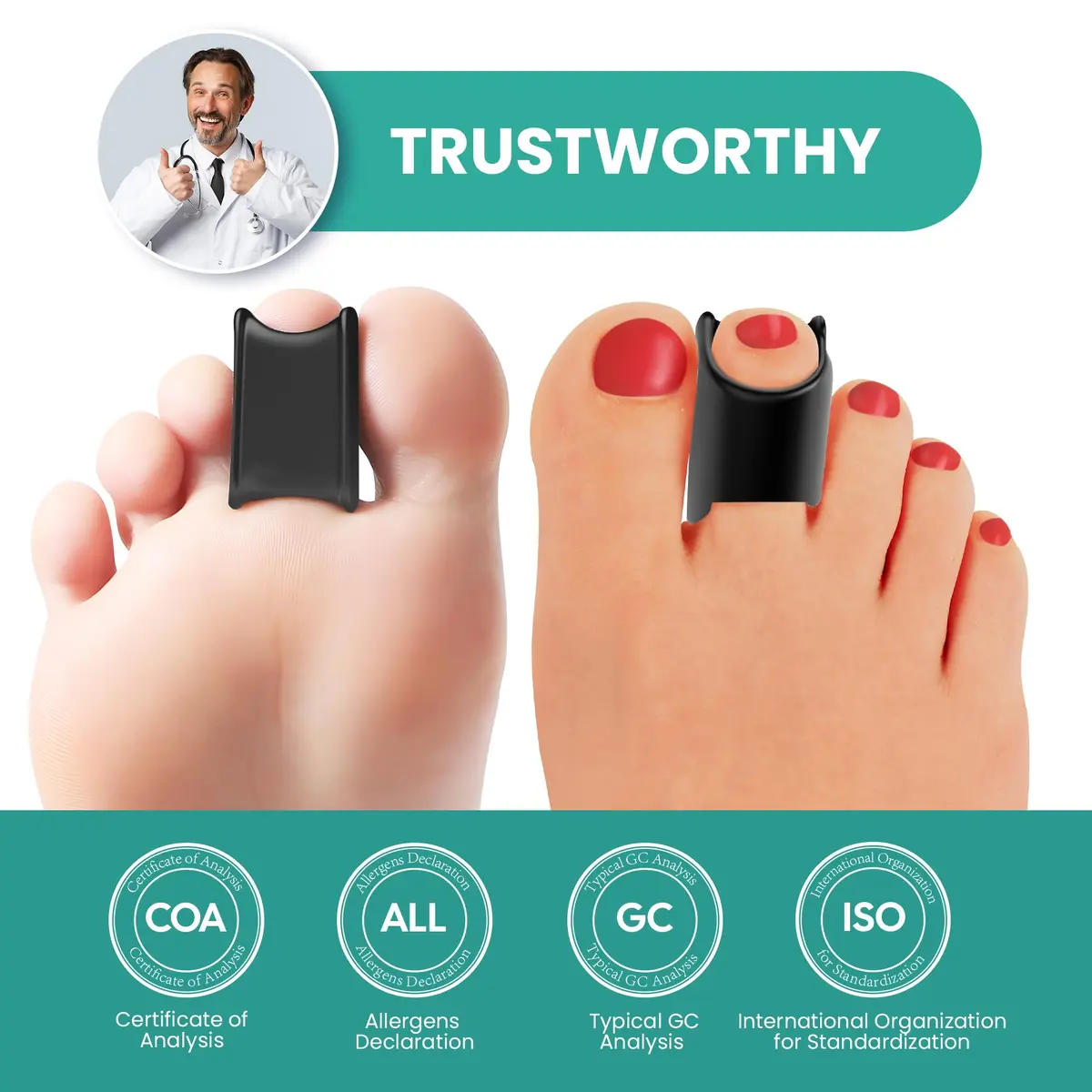 Welnove Gel Toe Straighteners - 6 Pack Soft Gel Toe Splints for Bent, Crooked, Claw Toes - Black | 3 Sizes Included - view 4
