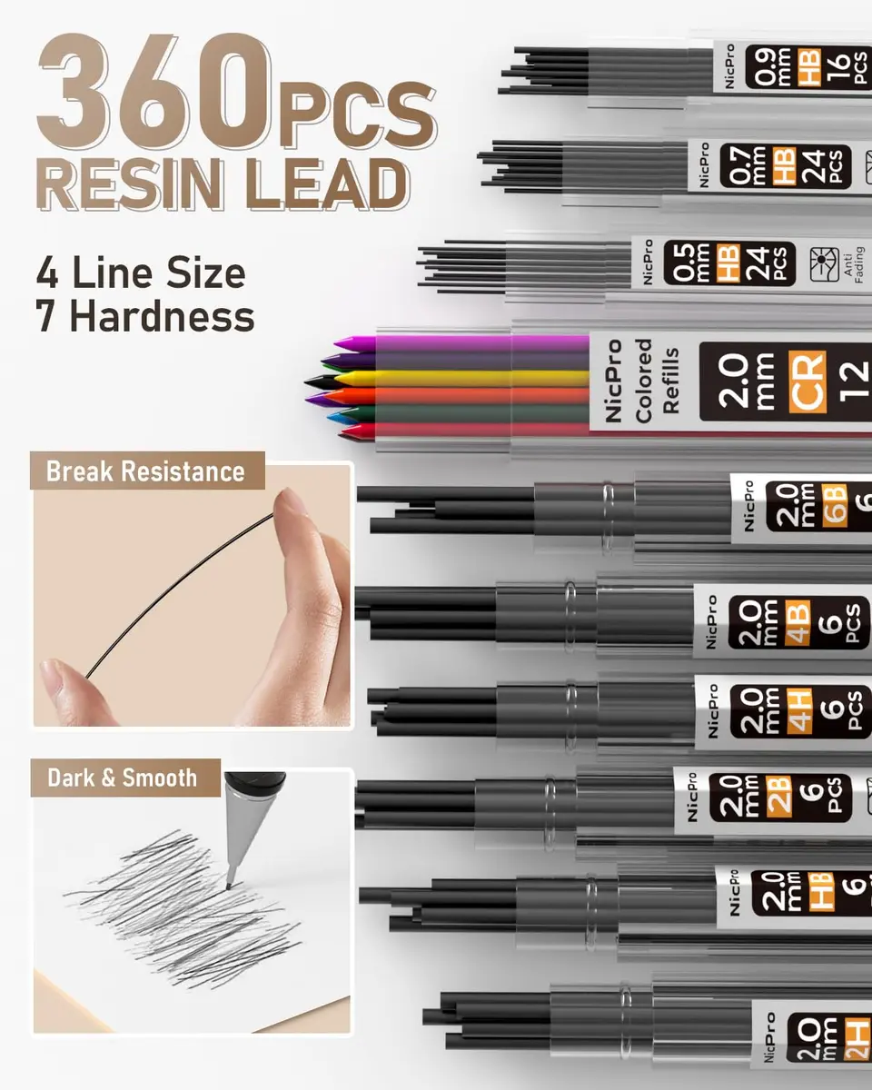 Nicpro Mechanical Pencil Set with 35PCS Art Leads, Erasers & Sharpeners | 0.5/0.7/0.9/2.0mm Fine Point - view 4