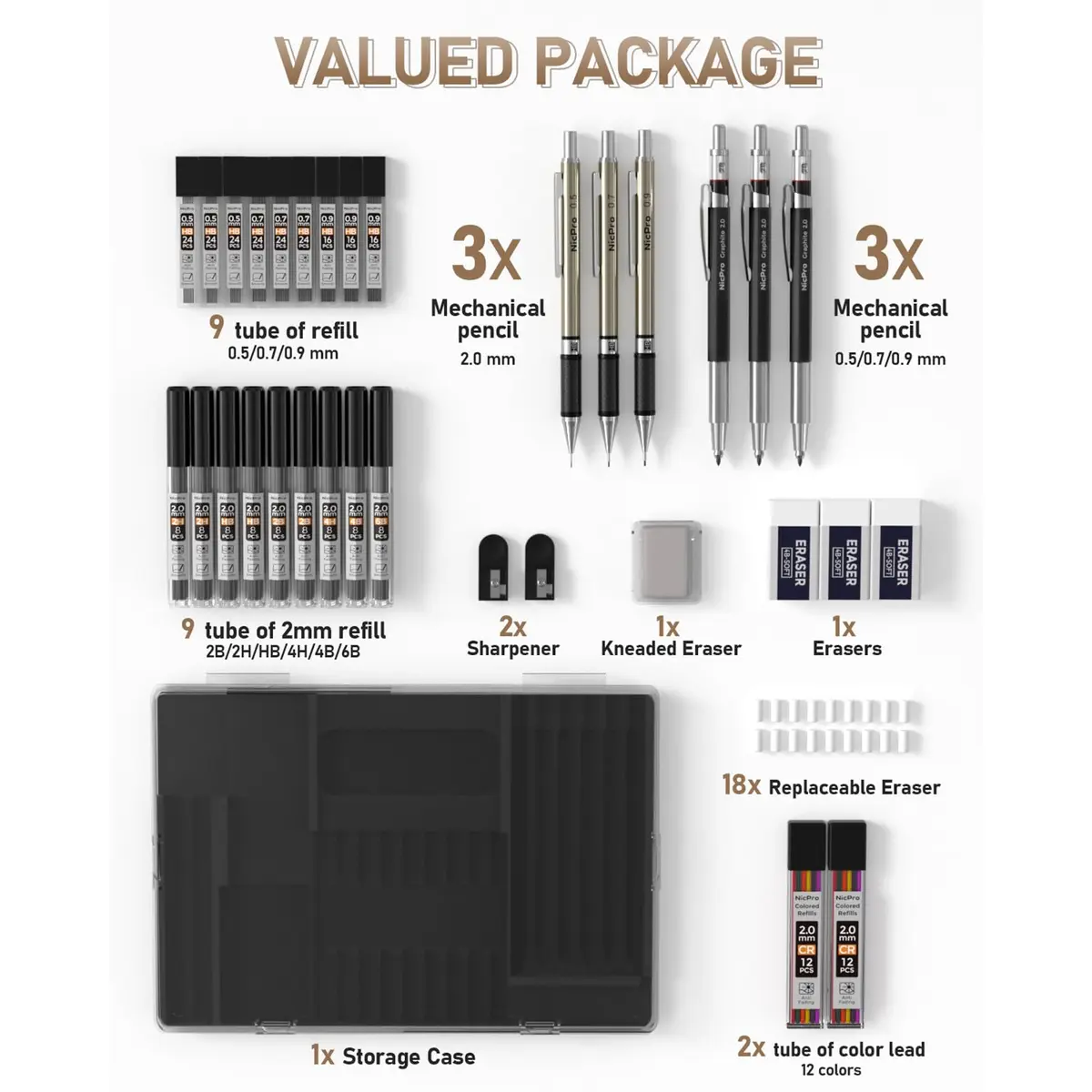 Nicpro Mechanical Pencil Set with 35PCS Art Leads, Erasers & Sharpeners | 0.5/0.7/0.9/2.0mm Fine Point - view 6
