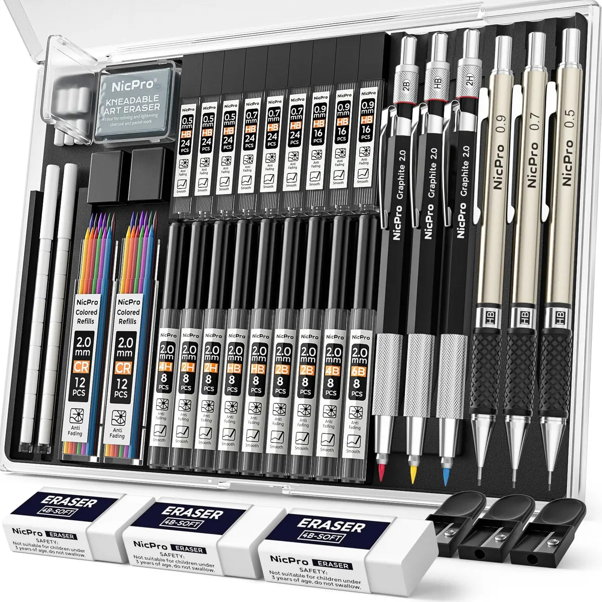 Nicpro Mechanical Pencil Set with 35PCS Art Leads, Erasers & Sharpeners | 0.5/0.7/0.9/2.0mm Fine Point - main product image