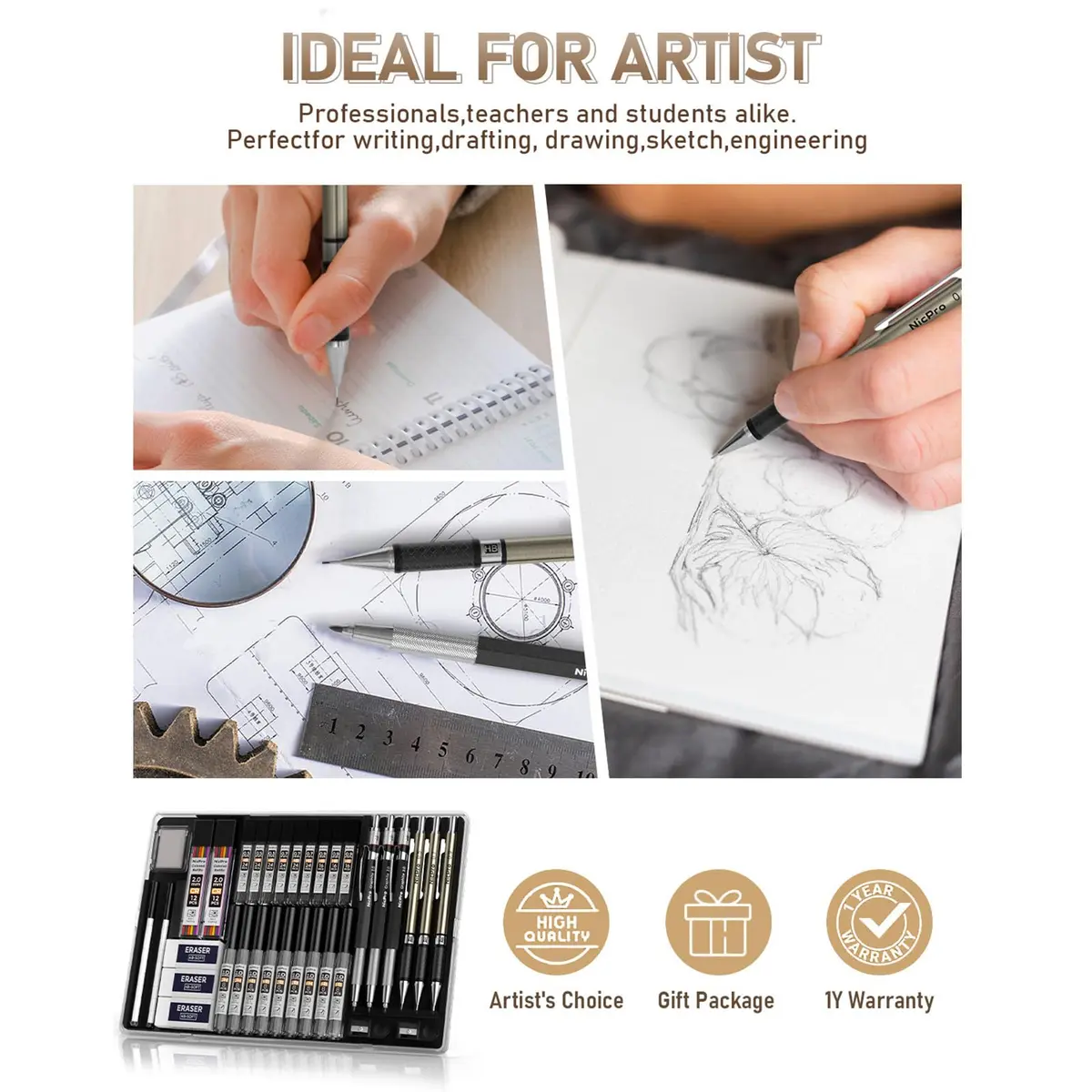 Nicpro Mechanical Pencil Set with 35PCS Art Leads, Erasers & Sharpeners | 0.5/0.7/0.9/2.0mm Fine Point - view 7
