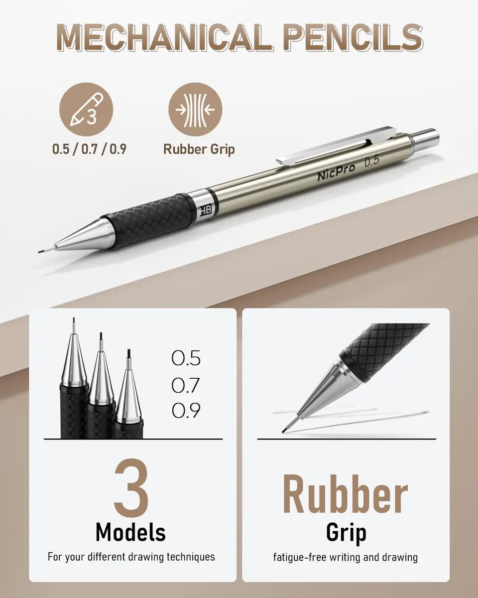 Nicpro Mechanical Pencil Set with 35PCS Art Leads, Erasers & Sharpeners | 0.5/0.7/0.9/2.0mm Fine Point - view 2