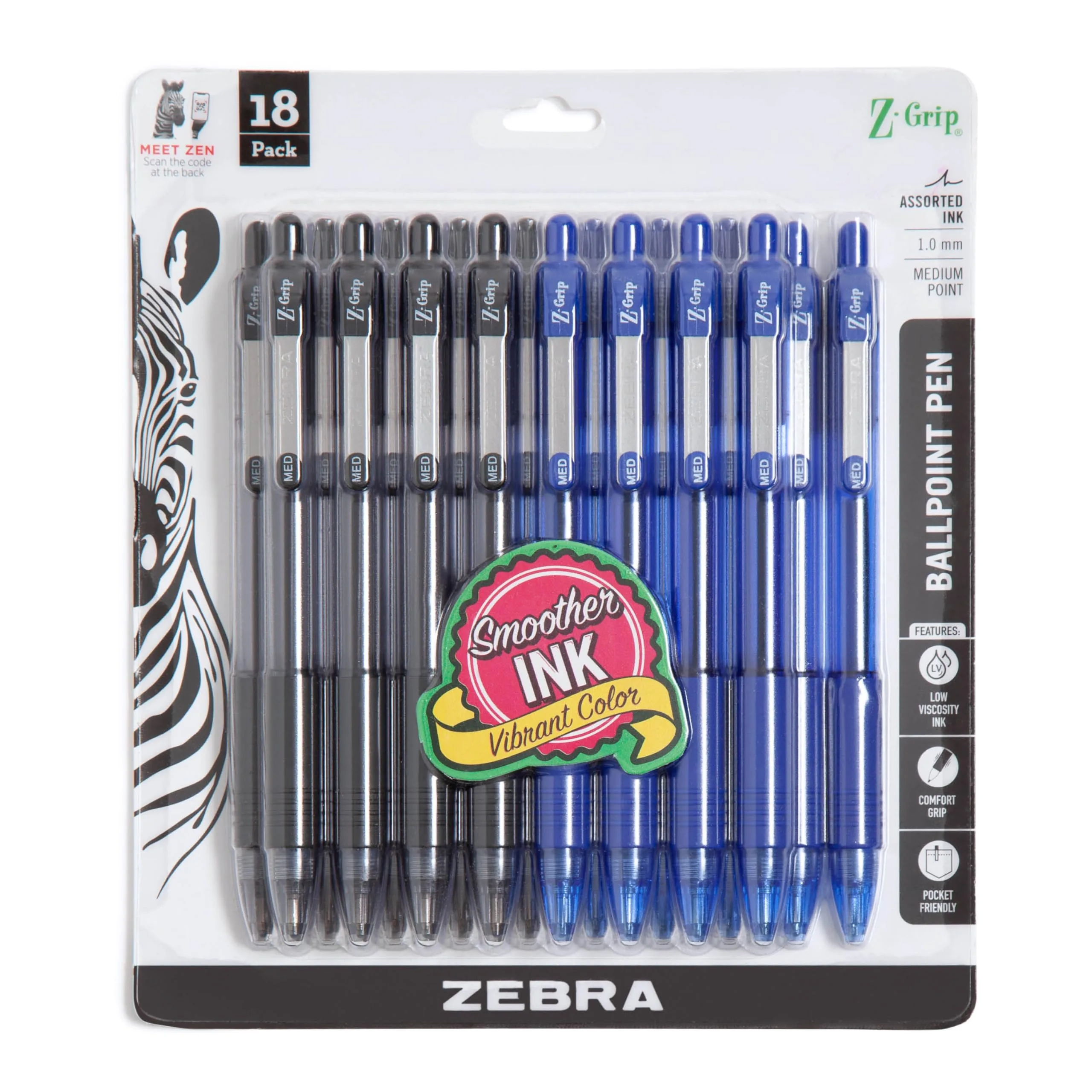 Zebra Pen Z-Grip Retractable Ballpoint Pens, Black & Blue Ink, Medium Point (1.0mm), 18-Pack | Smooth Ink Flow - main product image