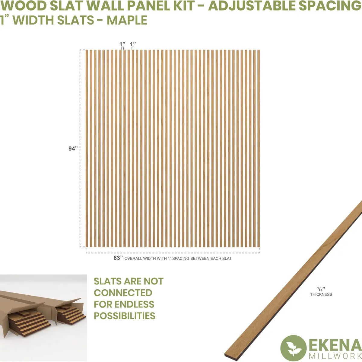 Ekena Millwork 94"H x 1/4"T Maple Wood Slat Wall Panel Kit | Adjustable, Eco-Friendly, DIY Friendly - view 2
