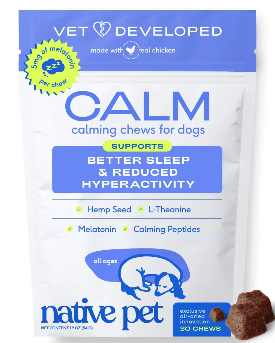 Native Pet Calming Chews for Dogs - Hemp Seed, Melatonin, L-Theanine & Casein - Air-Dried 30 Chews | Supports Emotional Balance & Reduces Hyperactivity - main product image