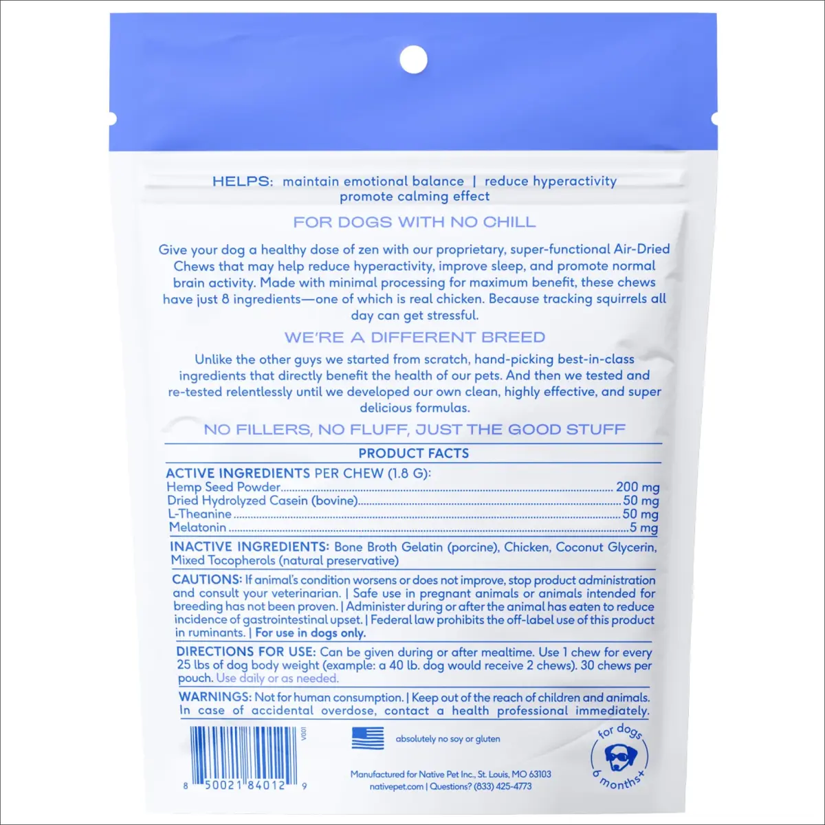Native Pet Calming Chews for Dogs - Hemp Seed, Melatonin, L-Theanine & Casein - Air-Dried 30 Chews | Supports Emotional Balance & Reduces Hyperactivity - view 9