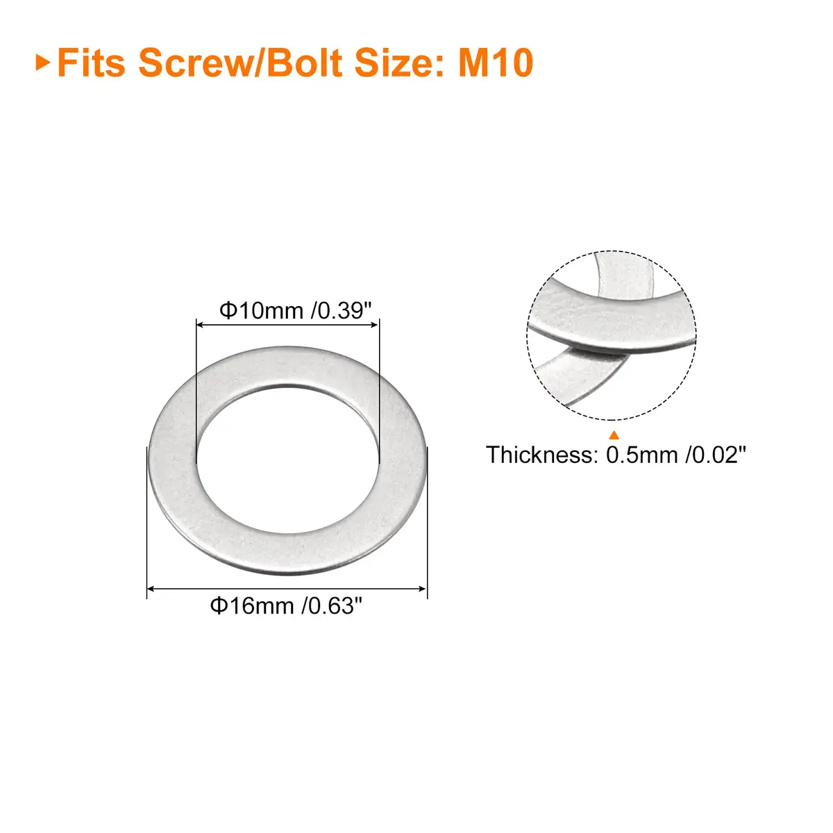 uxcell M10 304 Stainless Steel Flat Washers 50pcs 10x16x0.5mm | Corrosion-Resistant, Heavy Load Support - view 2