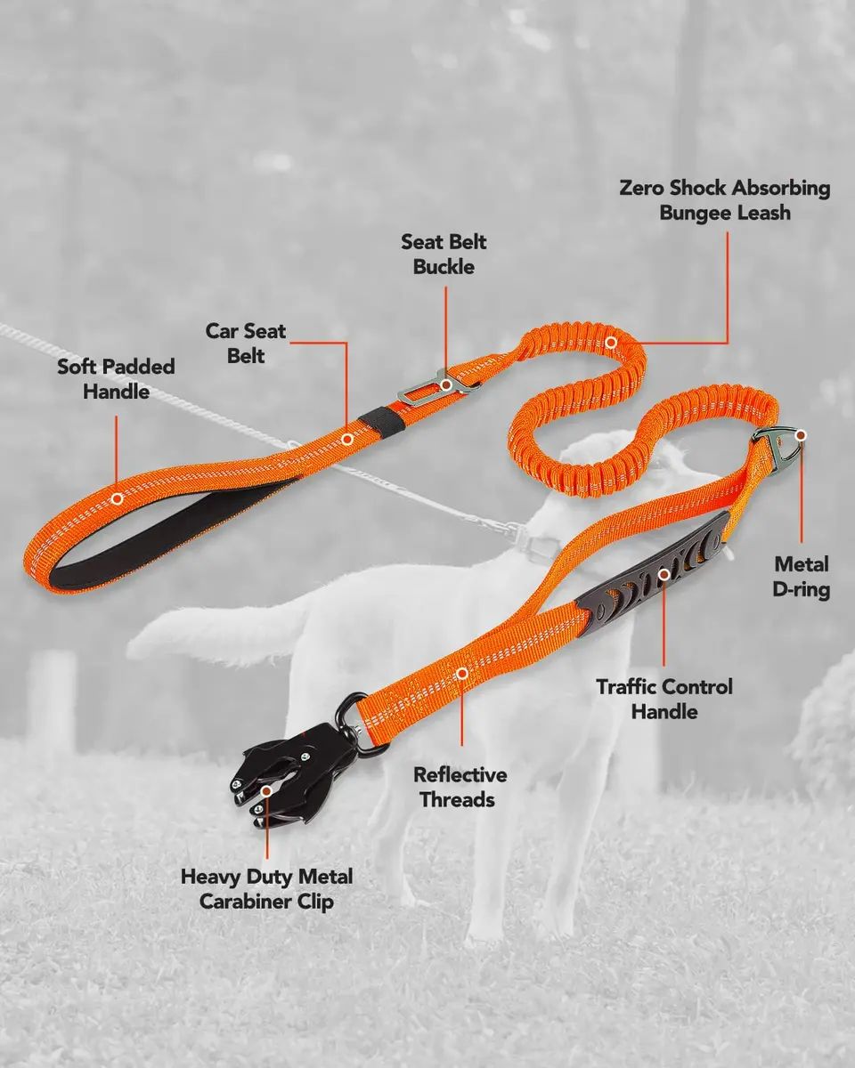 Joytale Tactical Dog Leash 6 ft | Shock Absorbing No Pull, Orange, Heavy Duty, Reflective, Dual Handles, Car Seatbelt Clip - view 7