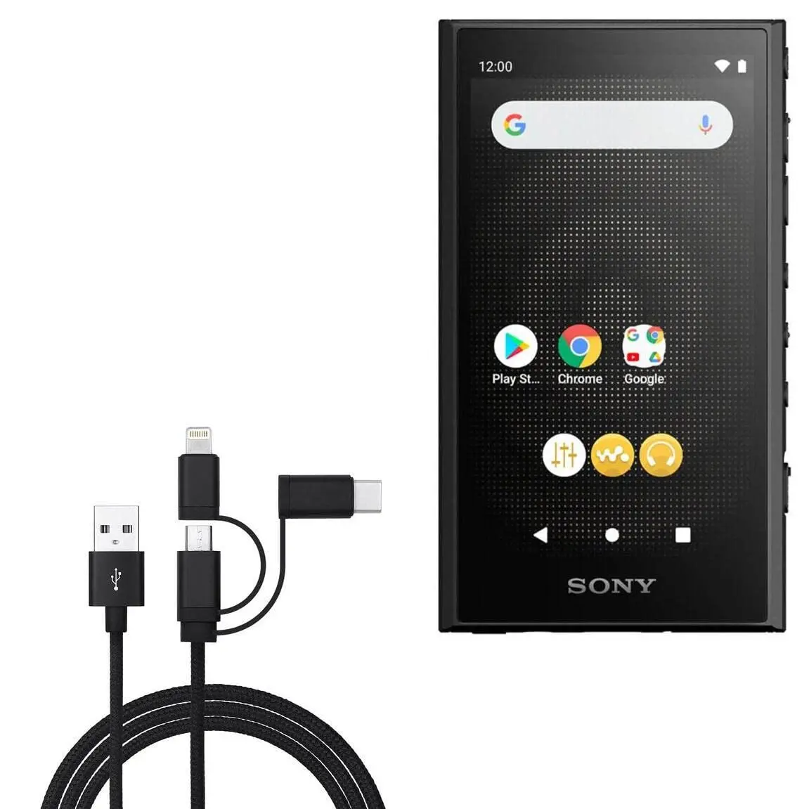 BoxWave AllCharge 3-in-1 USB C & Micro USB Cable 100cm | Compatible with Sony Walkman NW-A306 - main product image