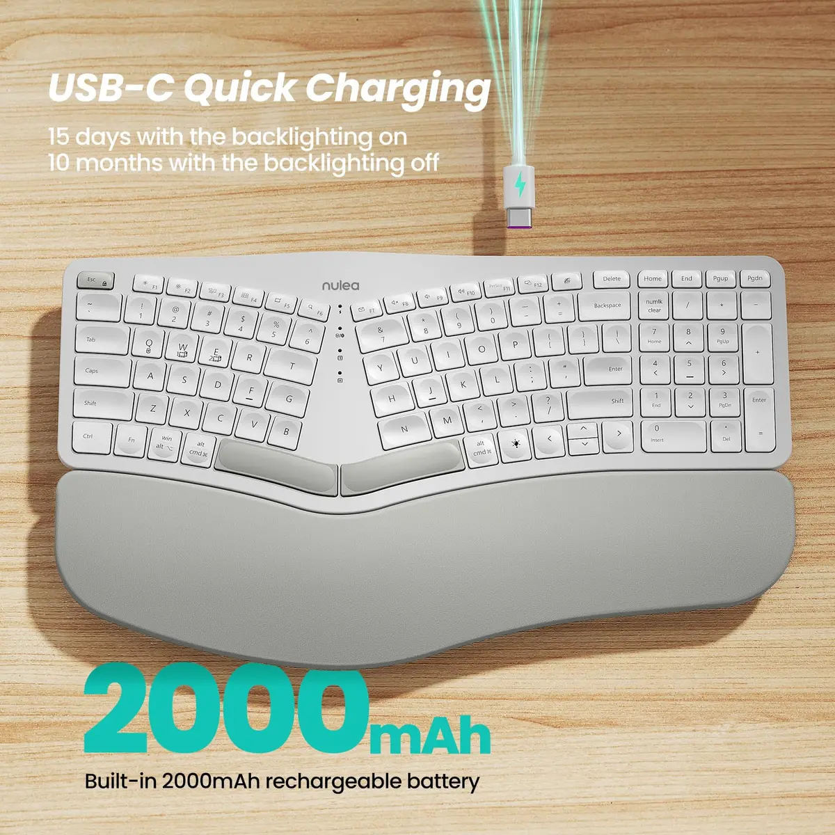 Nulea RT05 Wireless Ergonomic Keyboard | Split Design with Wrist Rest, Bluetooth & USB-C Charging, 7-Color Backlight, Compatible with Windows & Mac - view 5