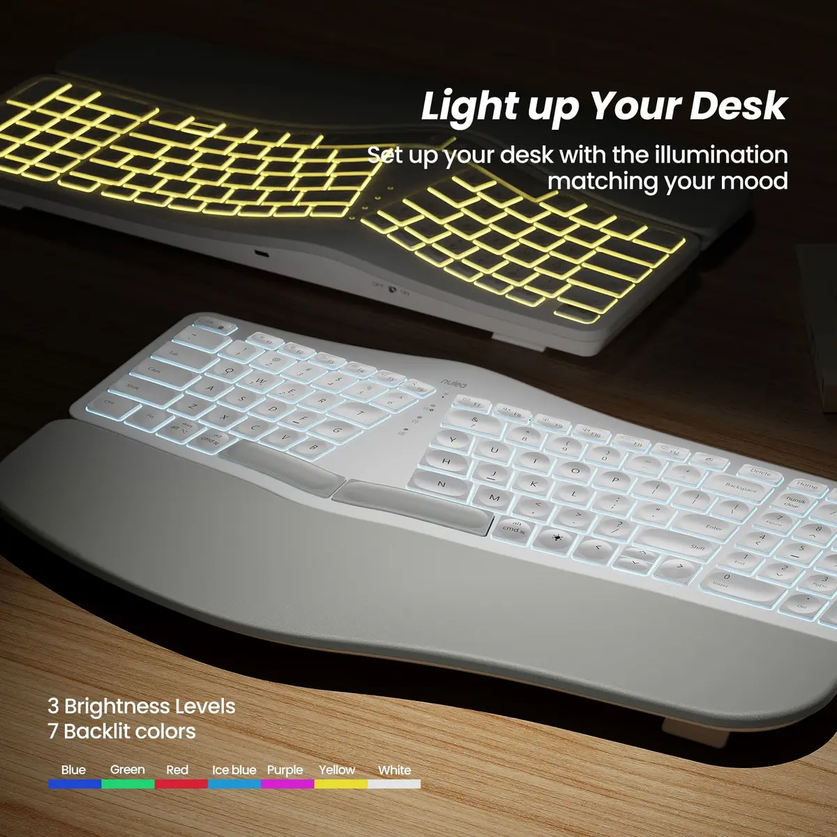 Nulea RT05 Wireless Ergonomic Keyboard | Split Design with Wrist Rest, Bluetooth & USB-C Charging, 7-Color Backlight, Compatible with Windows & Mac - view 3