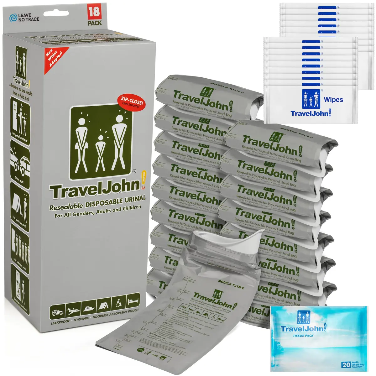 TravelJohn Resealable Disposable Urinal Bags 28oz | Odorless, Leakproof, Reusable for Travel & Camping - main product image