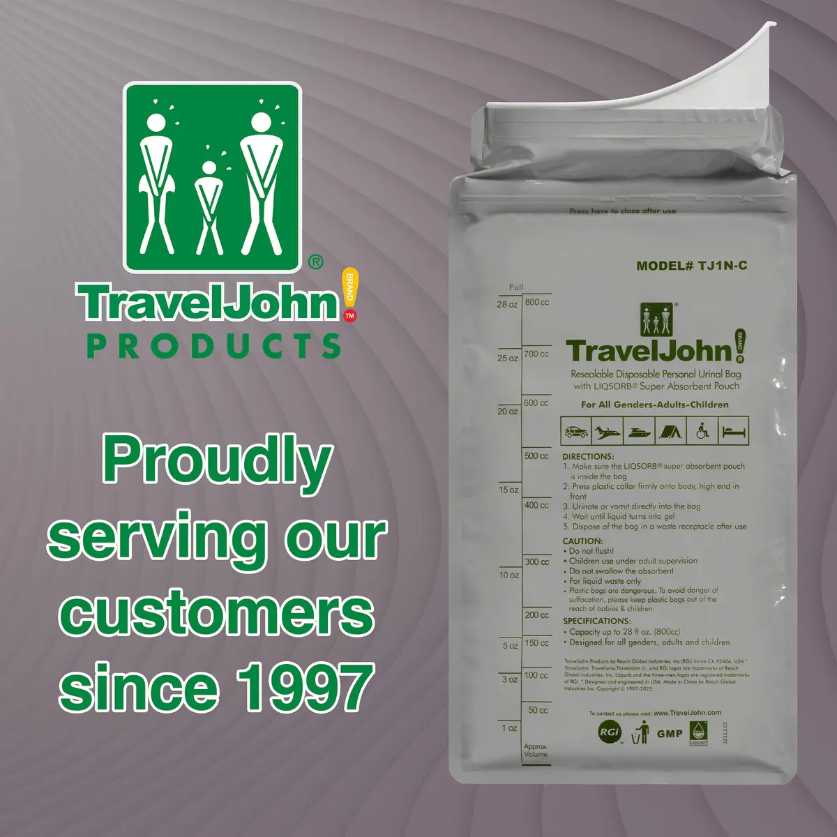 TravelJohn Resealable Disposable Urinal Bags 28oz | Odorless, Leakproof, Reusable for Travel & Camping - view 7