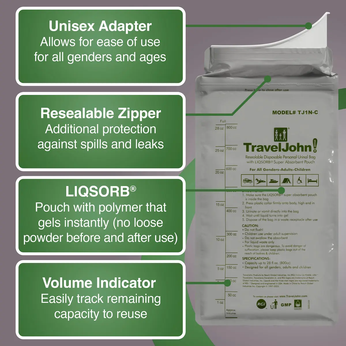 TravelJohn Resealable Disposable Urinal Bags 28oz | Odorless, Leakproof, Reusable for Travel & Camping - view 2