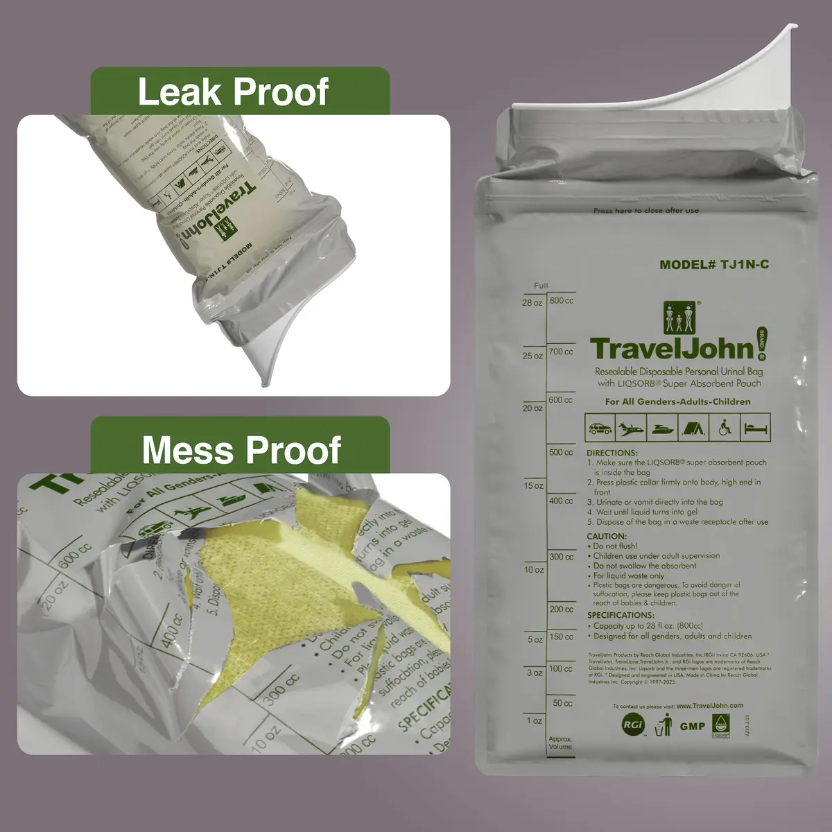 TravelJohn Resealable Disposable Urinal Bags 28oz | Odorless, Leakproof, Reusable for Travel & Camping - view 3