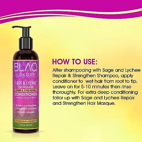 Blaq Luxury Sage and Lychee Repair & Strength Conditioner – Nourishing Biotin & Nettle Formula for Strong, Healthy Hair (12oz) - view 2