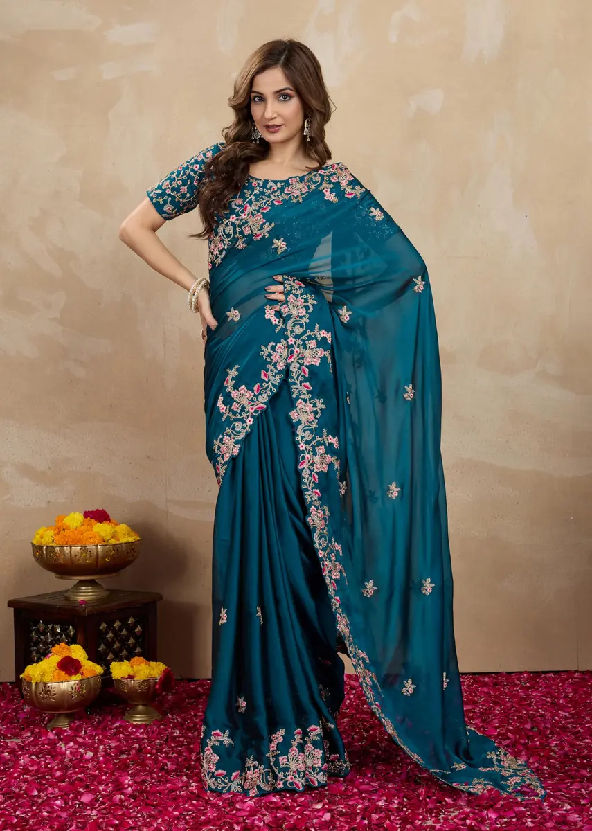 TRENDMALLS Women's Rangoli Silk Heavy Embroidered Saree-K954-Morpeach | Ethnic Wedding & Party Wear - view 5
