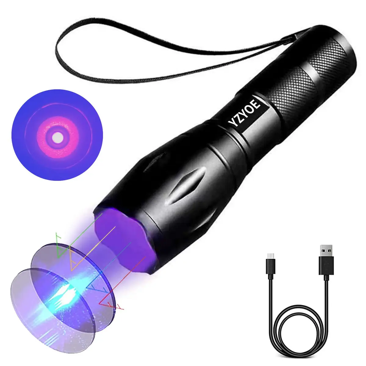 YZYOE 365nm UV Black Light Flashlight 12.5cm (4.92in) | Powerful Rechargeable Detection Lamp - main product image