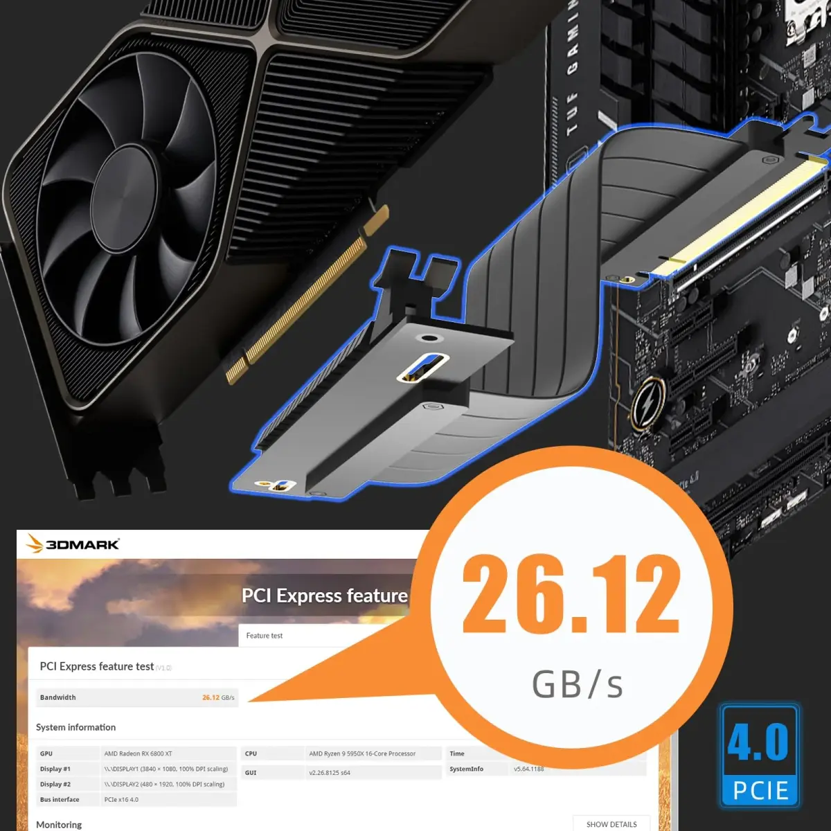 GLOTRENDS PCIe 4.0 X16 Riser Cable 100mm | 32GB/s Peak Speed for RTX 40/RX 7000 Series GPUs - view 3