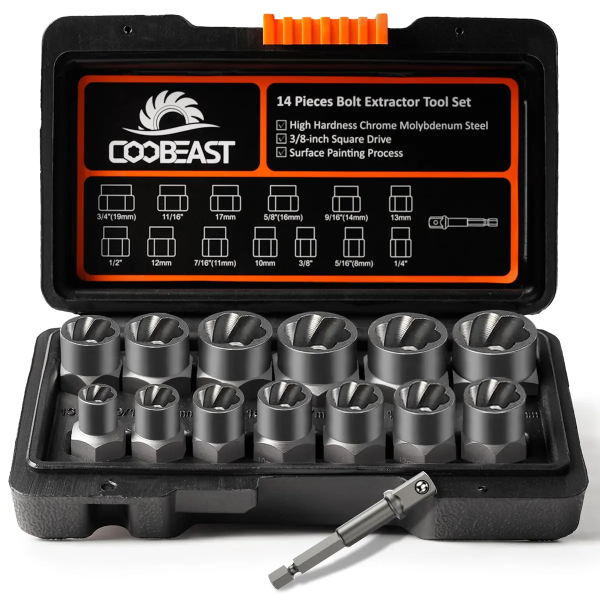 coobeast Bolt Extractor Kit 13Pcs Heavy Duty Impact & Nut Remover in Black (14 PCS) | Durable, Easy Out for Damaged Bolts - main product image