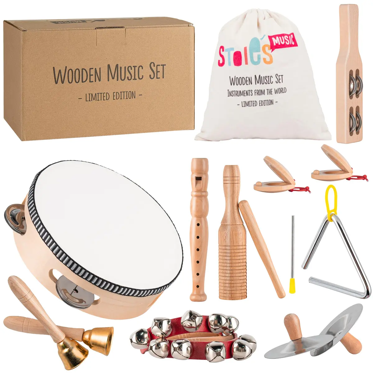 Stoie's Wooden Toddler Musical Instruments with Drum, Flute, Hand Bells, Cymbals, Castanets, Triangle | Montessori Eco Friendly Toy - main product image