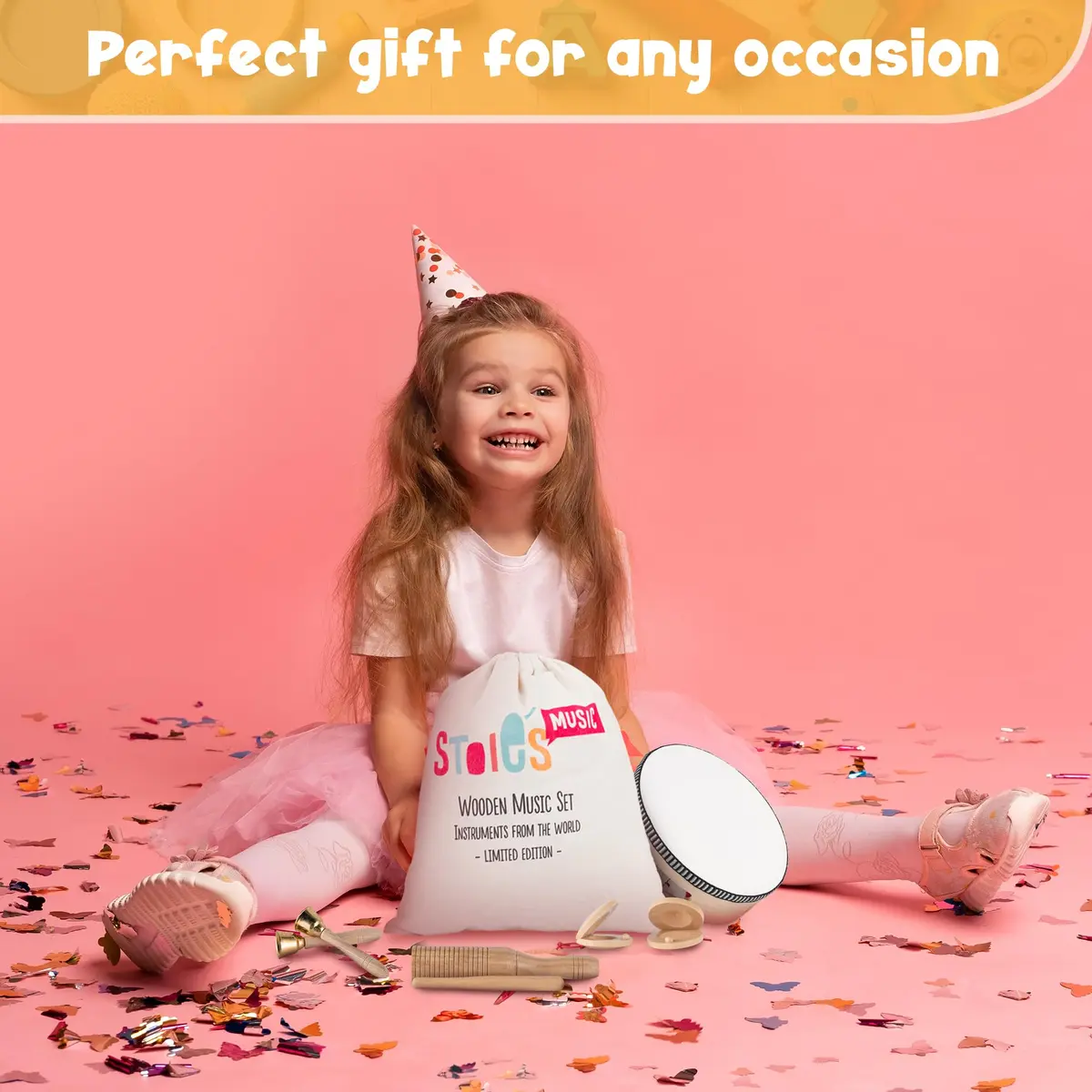 Stoie's Wooden Toddler Musical Instruments with Drum, Flute, Hand Bells, Cymbals, Castanets, Triangle | Montessori Eco Friendly Toy - view 7