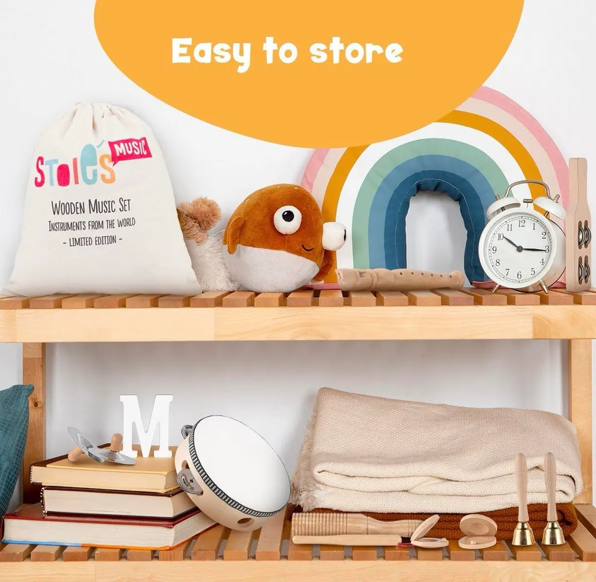 Stoie's Wooden Toddler Musical Instruments with Drum, Flute, Hand Bells, Cymbals, Castanets, Triangle | Montessori Eco Friendly Toy - view 8