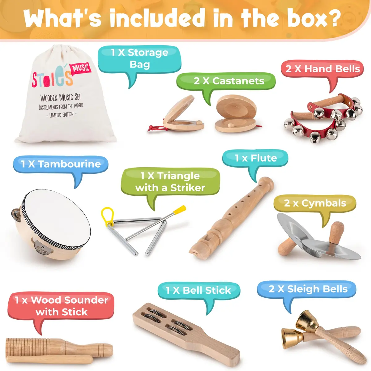 Stoie's Wooden Toddler Musical Instruments with Drum, Flute, Hand Bells, Cymbals, Castanets, Triangle | Montessori Eco Friendly Toy - view 2