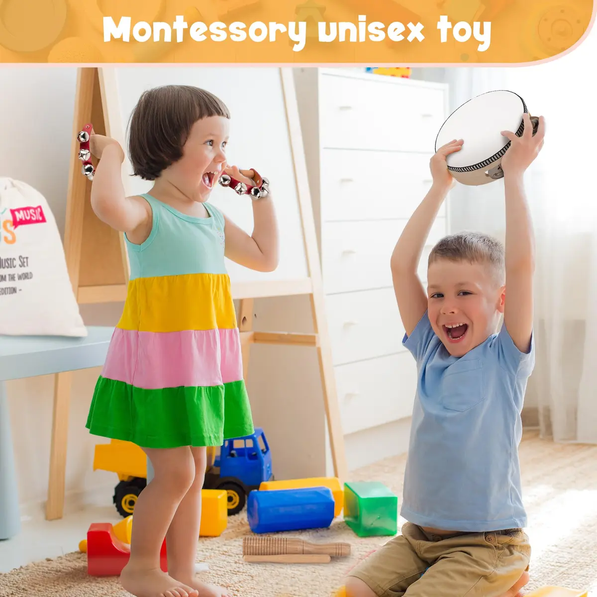 Stoie's Wooden Toddler Musical Instruments with Drum, Flute, Hand Bells, Cymbals, Castanets, Triangle | Montessori Eco Friendly Toy - view 3