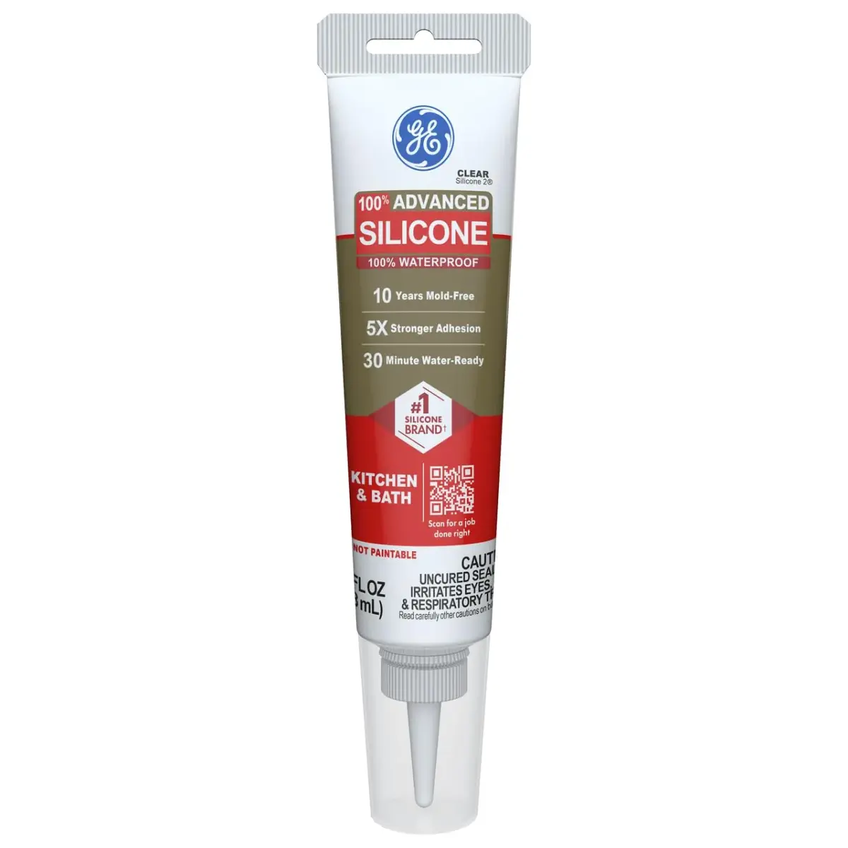 GE Advanced Silicone Caulk for Kitchen & Bathroom, Clear 2.8 fl oz (83 ml) Tube | 100% Waterproof Sealant - main product image