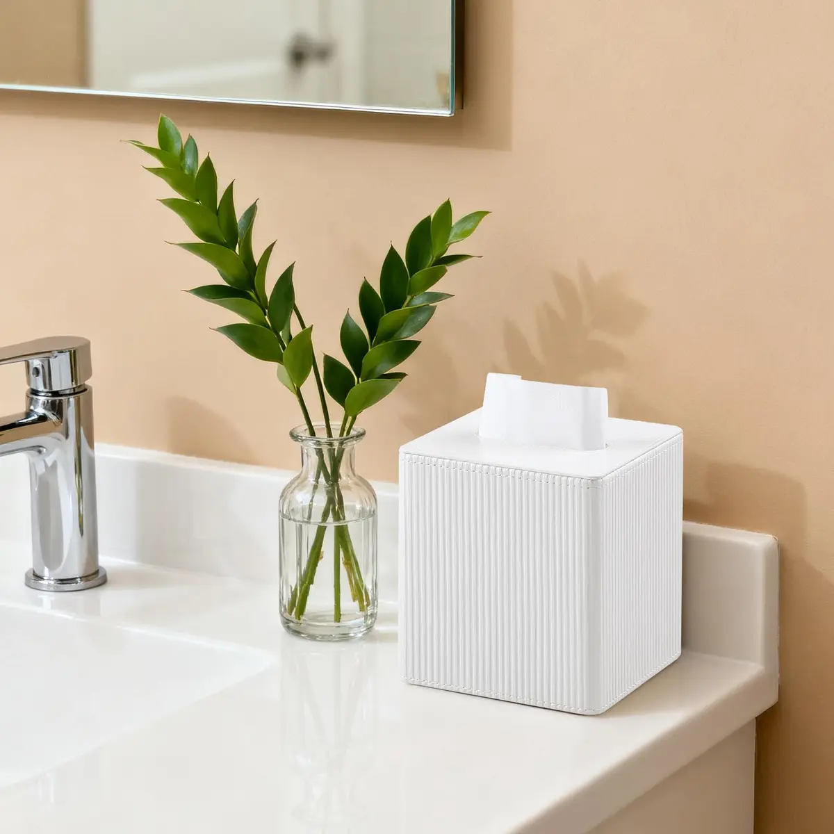 Cretkhp PU Leather Square Tissue Box Cover Ivory | Modern Bedroom & Bathroom Accessory - view 5