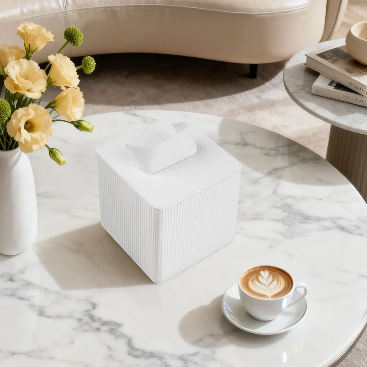 Cretkhp PU Leather Square Tissue Box Cover Ivory | Modern Bedroom & Bathroom Accessory - view 6