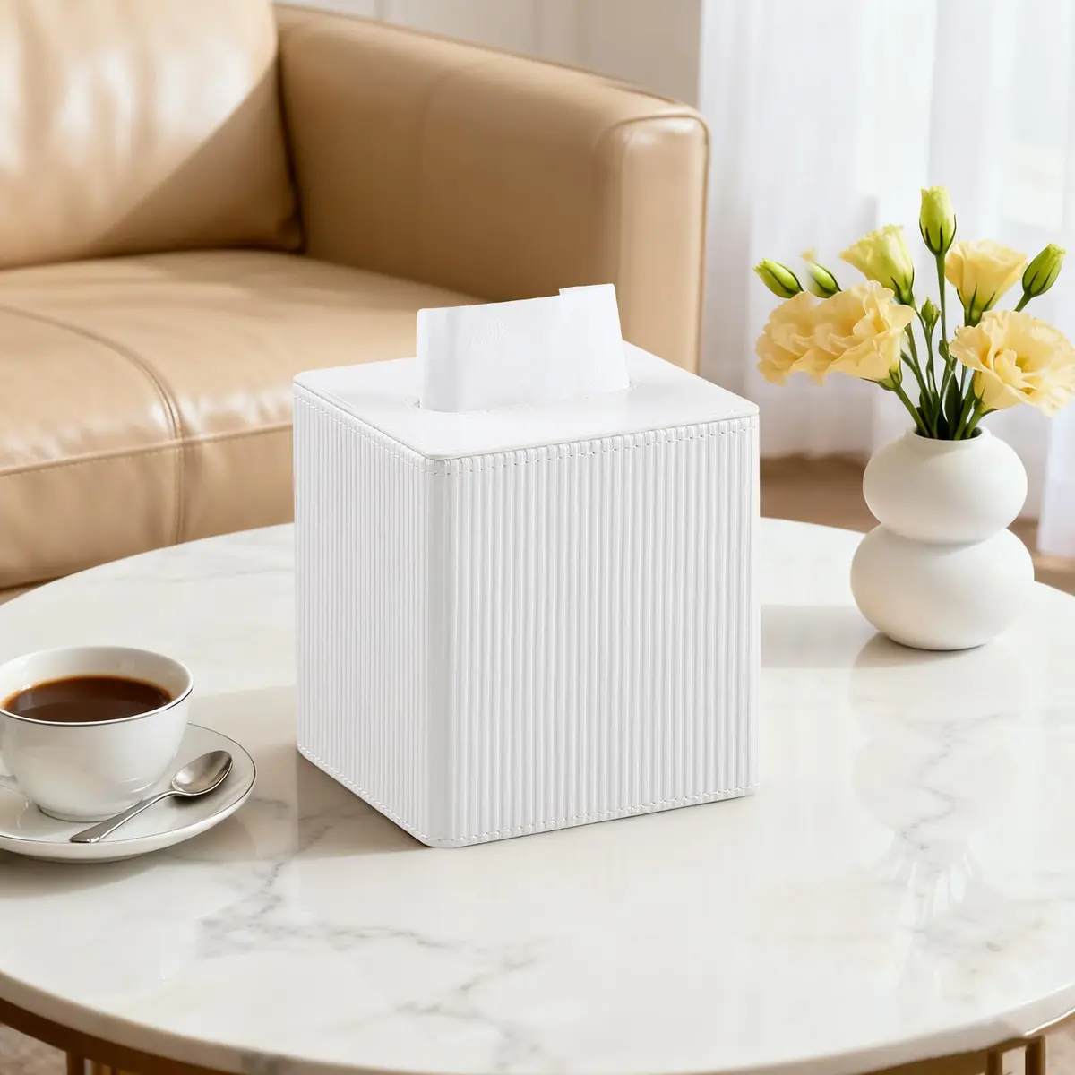 Cretkhp PU Leather Square Tissue Box Cover Ivory | Modern Bedroom & Bathroom Accessory - view 2