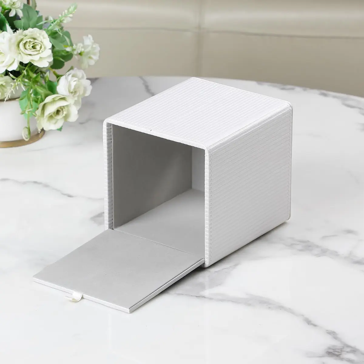 Cretkhp PU Leather Square Tissue Box Cover Ivory | Modern Bedroom & Bathroom Accessory - view 3