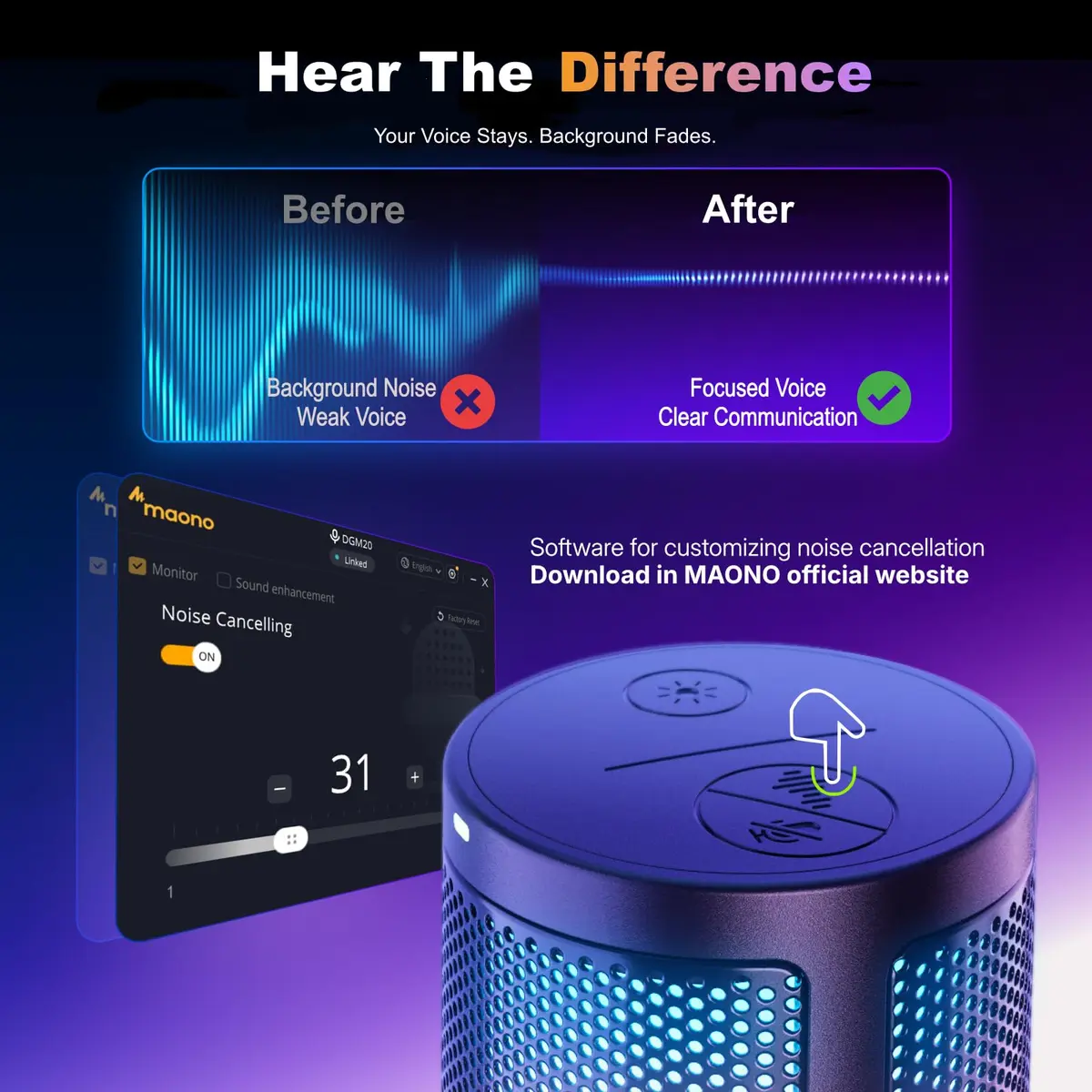 MAONO DGM20S USB Gaming Microphone for PC, Noise Reduction Condenser Mic | RGB Lighting & One-Tap Mute - view 3
