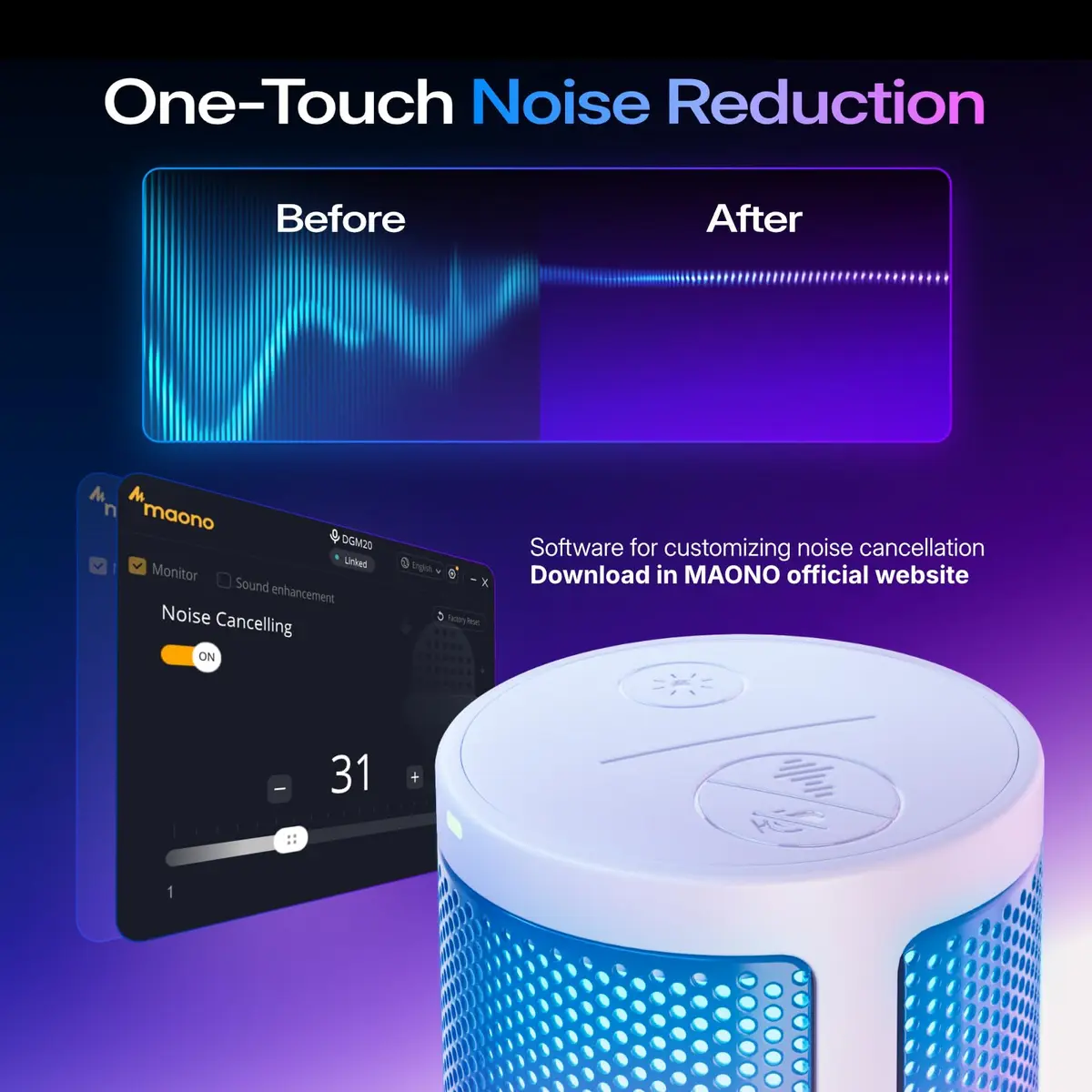 MAONO DGM20S USB Microphone for PC with Clear Voice & Noise Reduction | RGB Lighting, Plug & Play, Noise Cancellation - view 3
