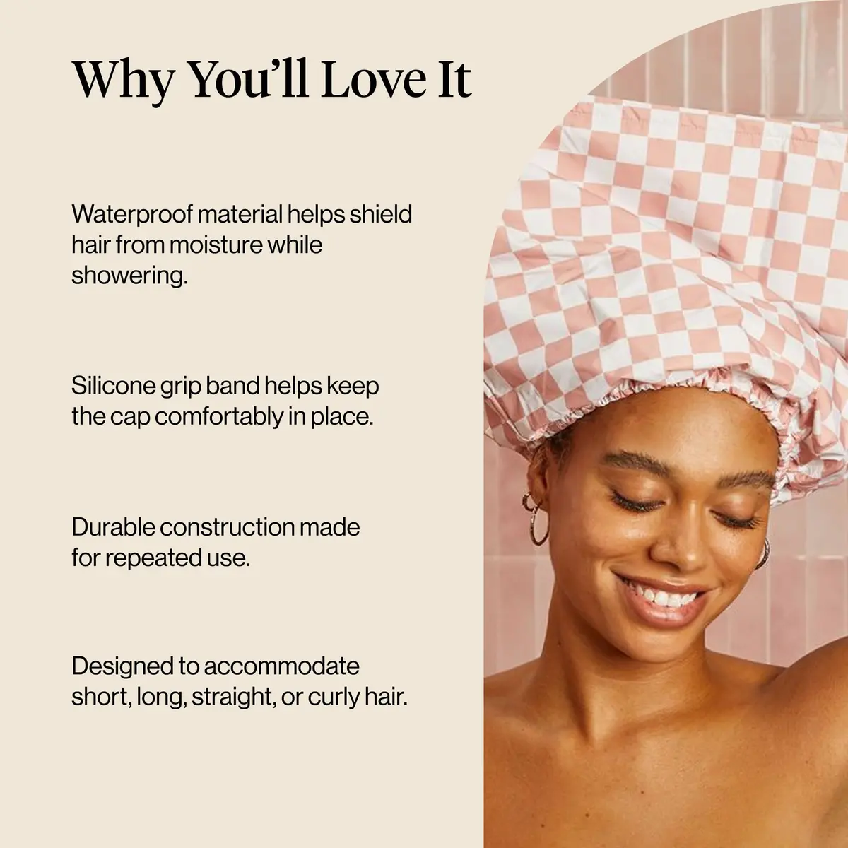 Kitsch Luxury Satin-Lined Flexi Shower Cap for Women - Terracotta Checker | Adjustable Fit for All Hair Types - view 5