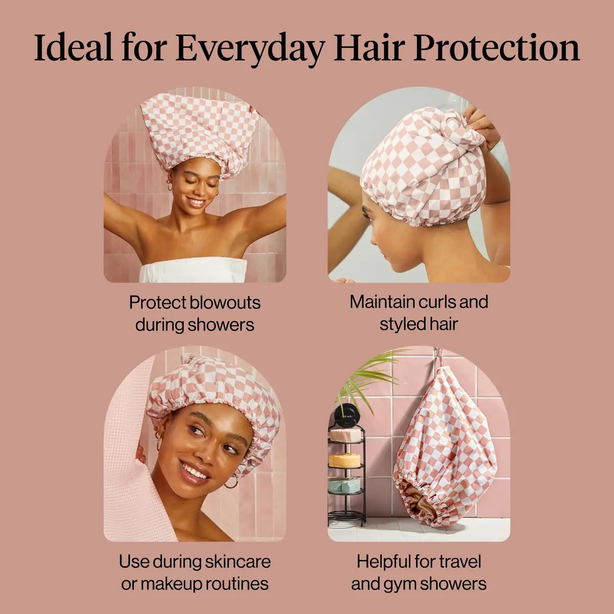 Kitsch Luxury Satin-Lined Flexi Shower Cap for Women - Terracotta Checker | Adjustable Fit for All Hair Types - view 6