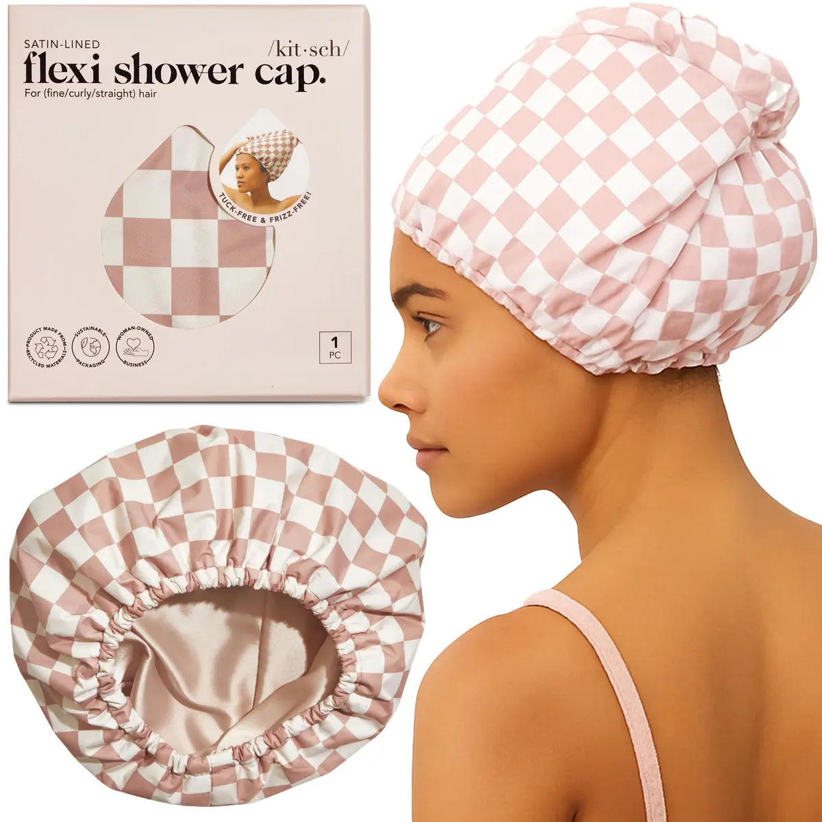 Kitsch Luxury Satin-Lined Flexi Shower Cap for Women - Terracotta Checker | Adjustable Fit for All Hair Types - main product image
