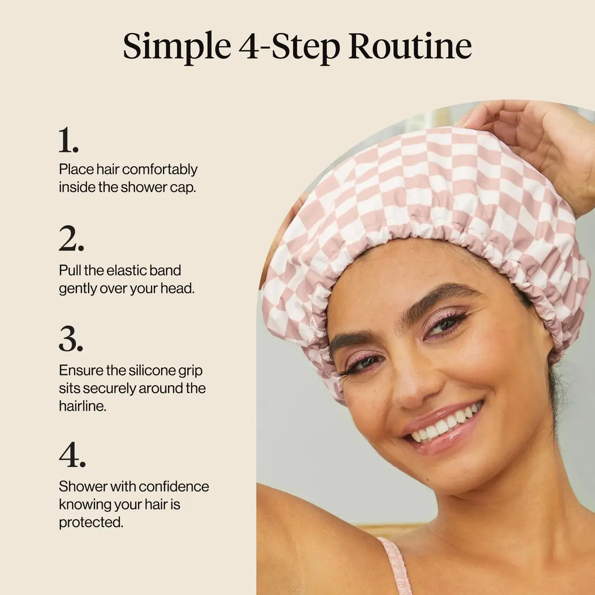 Kitsch Luxury Satin-Lined Flexi Shower Cap for Women - Terracotta Checker | Adjustable Fit for All Hair Types - view 7