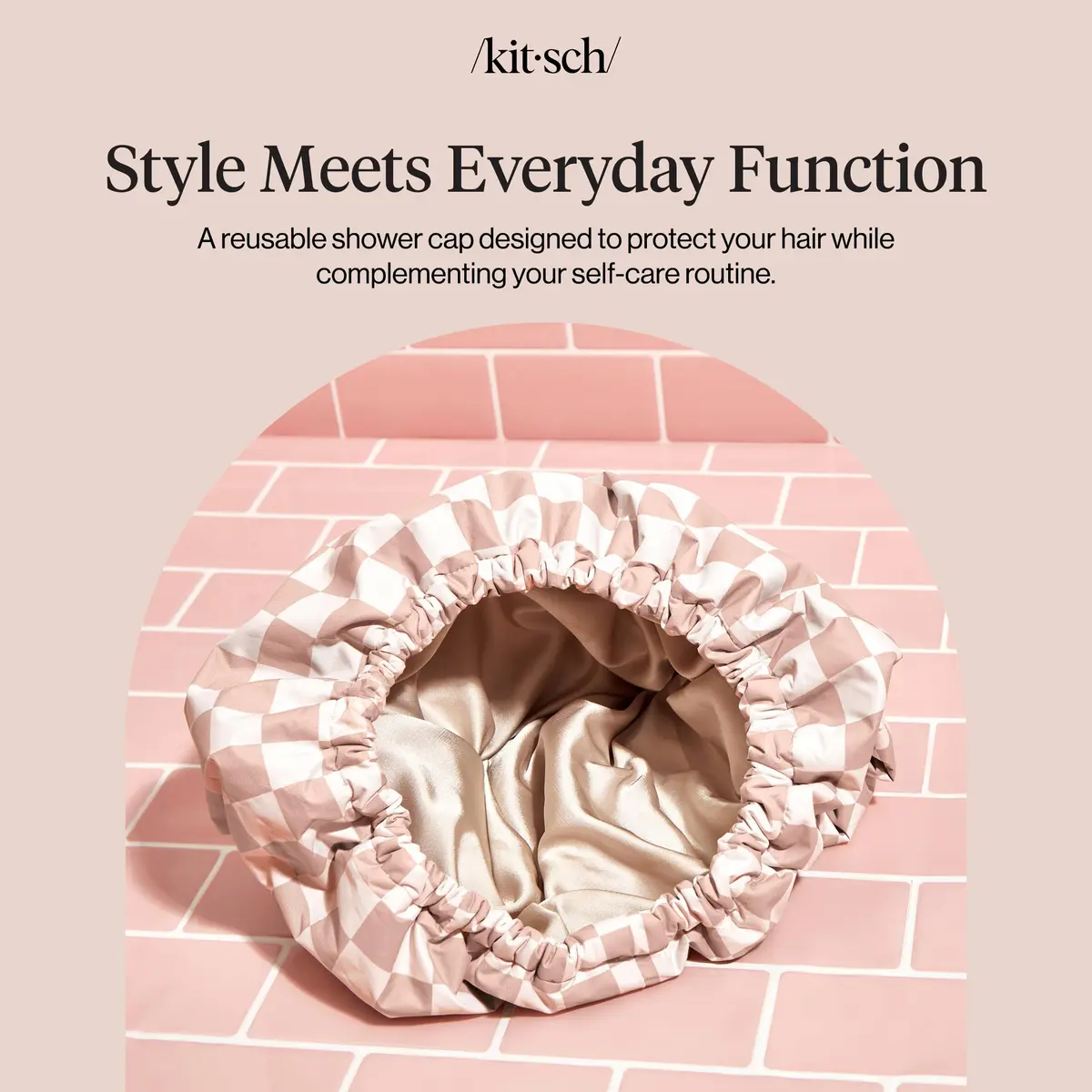 Kitsch Luxury Satin-Lined Flexi Shower Cap for Women - Terracotta Checker | Adjustable Fit for All Hair Types - view 8