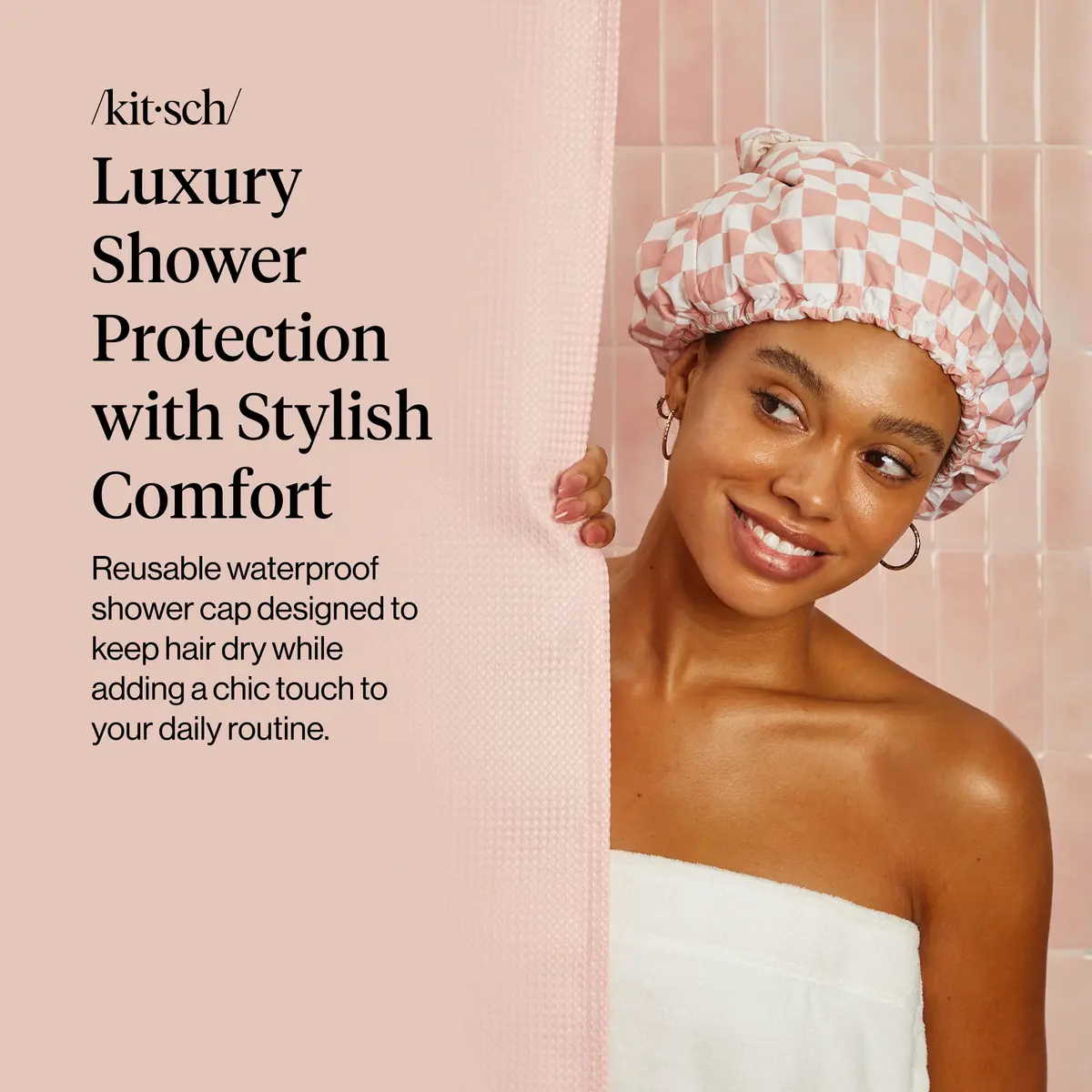 Kitsch Luxury Satin-Lined Flexi Shower Cap for Women - Terracotta Checker | Adjustable Fit for All Hair Types - view 2