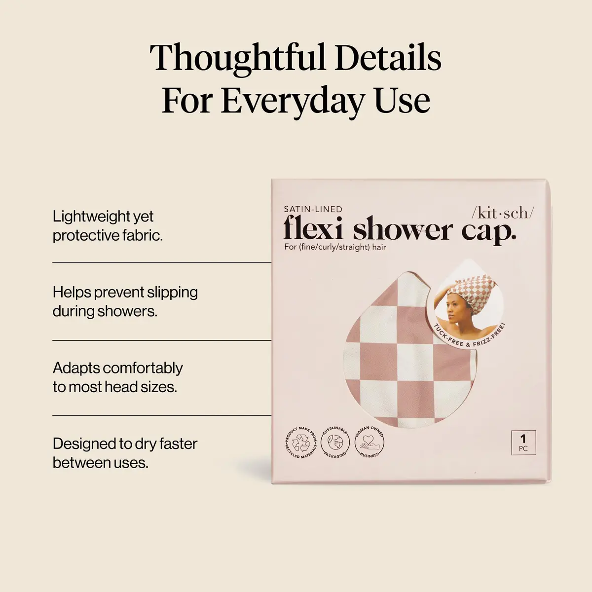 Kitsch Luxury Satin-Lined Flexi Shower Cap for Women - Terracotta Checker | Adjustable Fit for All Hair Types - view 3