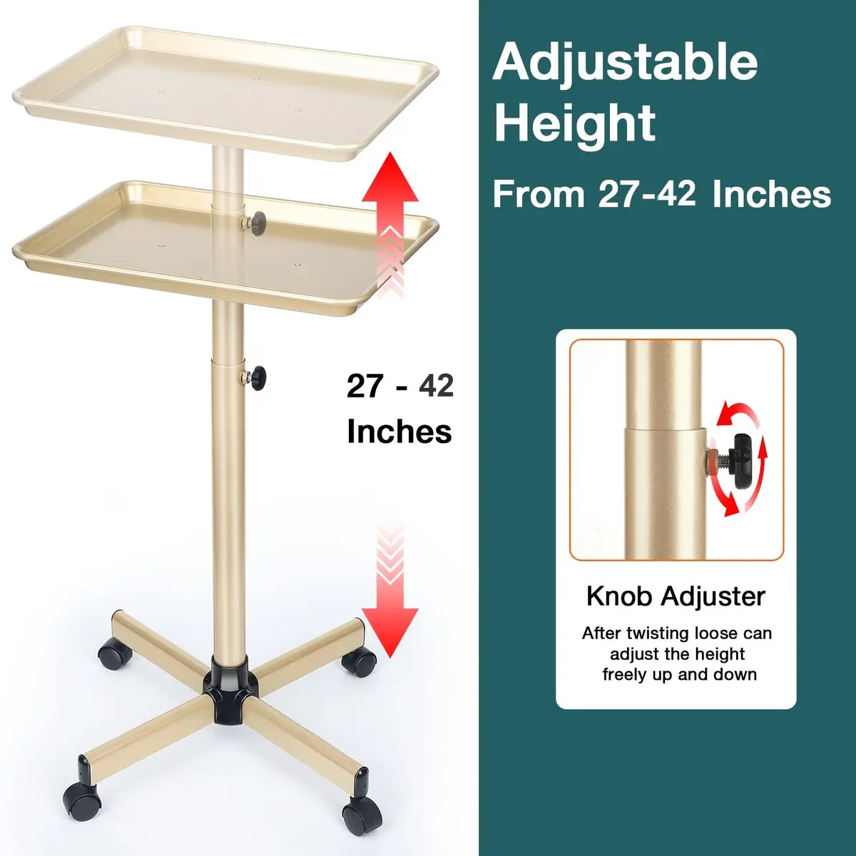 Findabetter Salon Rolling Tray Champagne Gold Adjustable Height 71-104 cm (28-41 in) | Professional Beauty & Tattoo Cart - view 4