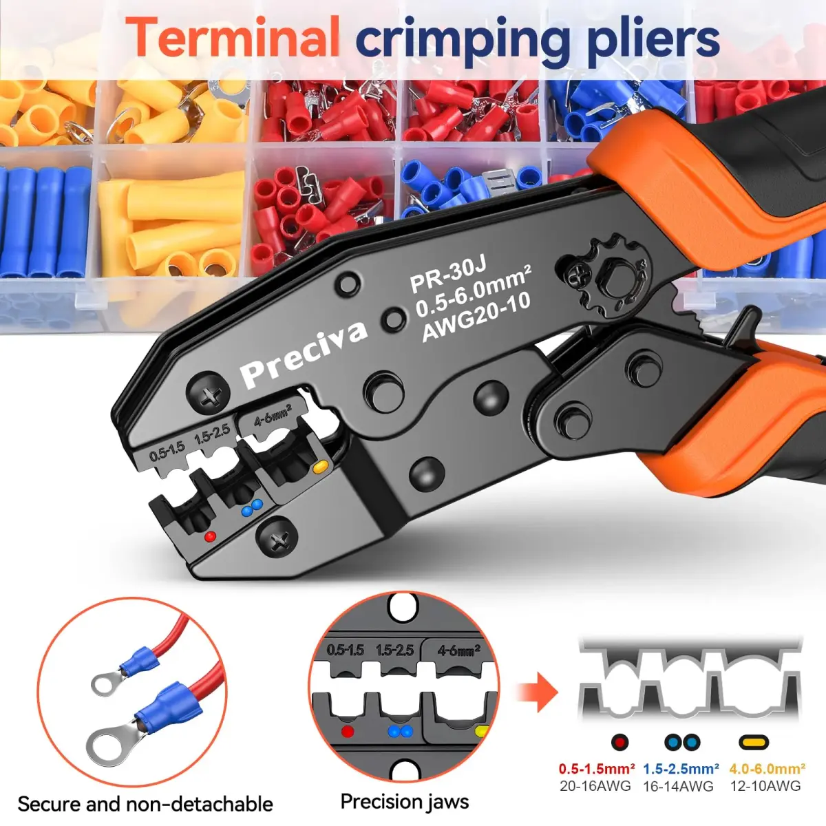 Preciva Ratcheting Crimping Tool Kit AWG20-10 with 370PCS Insulated Connectors | Ergonomic Handle & Color-Coded Jaws - view 2