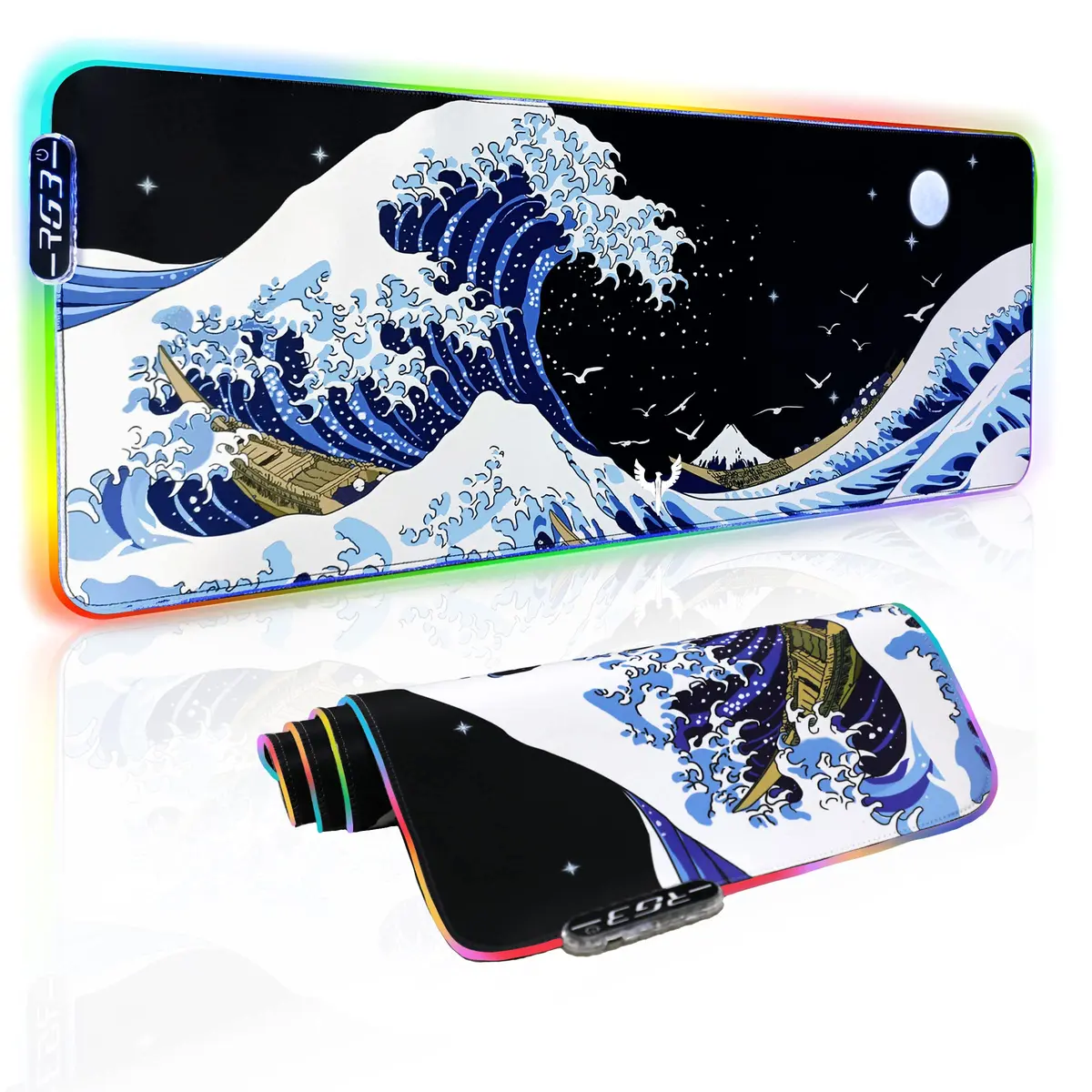MEWOOCUE RGB LED Gaming Mouse Pad Large Sea Wave XL XXL 80cm x 30cm (31.5" x 11.9") | Smooth Control Surface - main product image