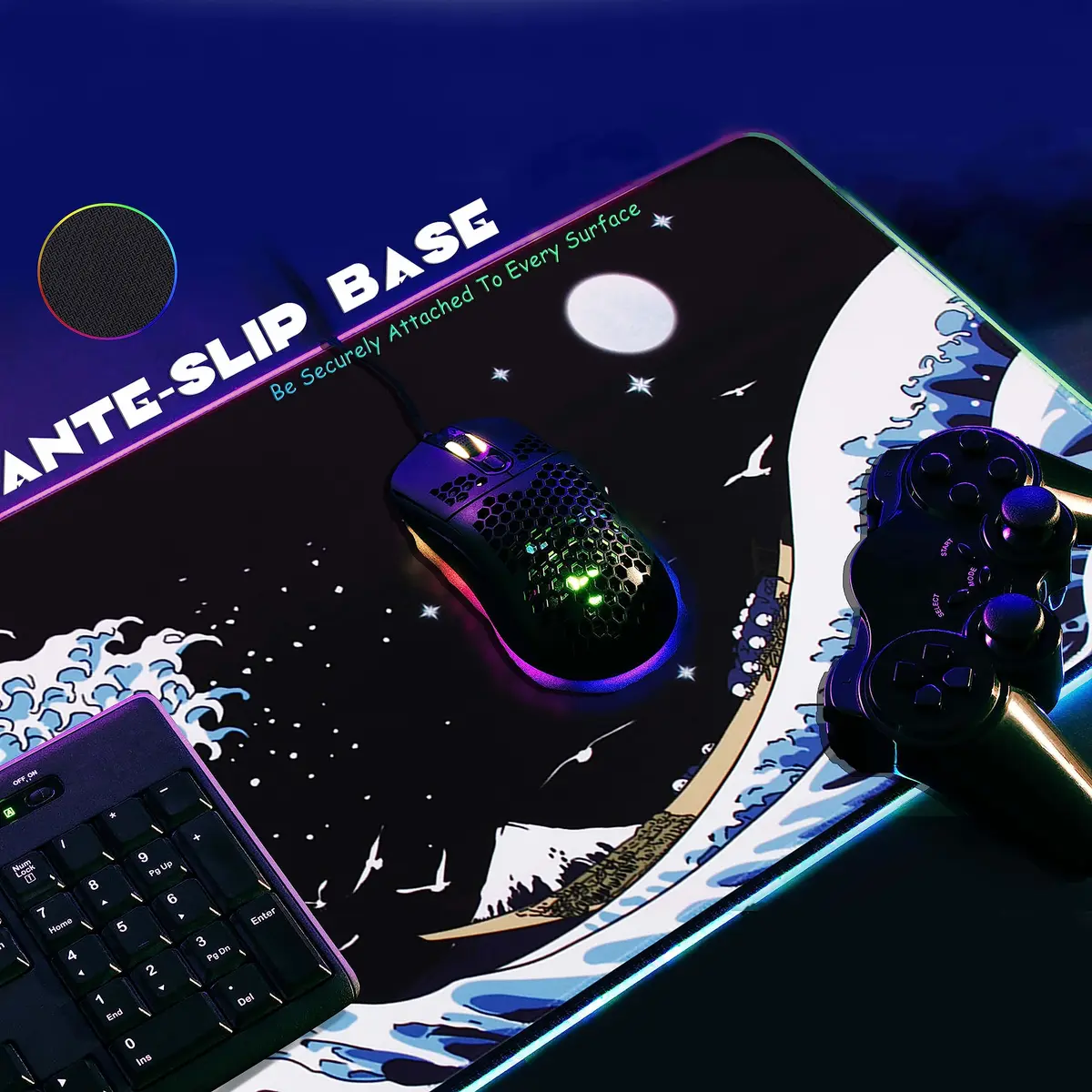MEWOOCUE RGB LED Gaming Mouse Pad Large Sea Wave XL XXL 80cm x 30cm (31.5" x 11.9") | Smooth Control Surface - view 6